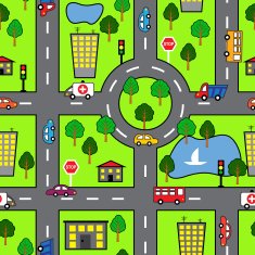 Cartoon seamless pattern with bright road the car and city