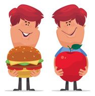kids with big hamburger and apple