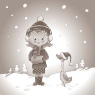 Monotone winter girl and duck in snow