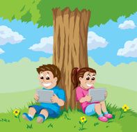 Kids with tablets under a tree