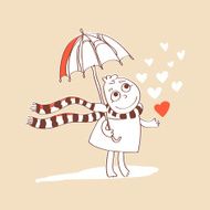 Cute romance card with cartoon umbrella and hearts
