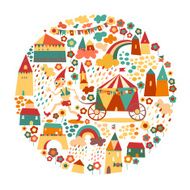 Children&#039;s circle background with happy houses and the boy