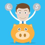 Businessman show his money in piggy bank