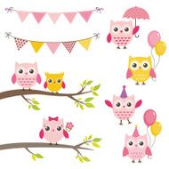 Vector birthday party elements with owls bunting banners balloons