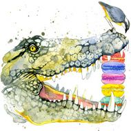 Funny crocodile and bird watercolor N2