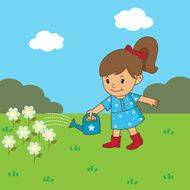 Girl is watering the flowers