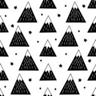 Seamless pattern with geometric snowy mountains and stars