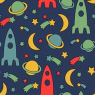 Seamless space pattern Cosmic background with stars planet spaceship moon