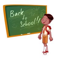 Cute schoolboy in uniform stands near the school board N2