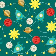 Seamless space pattern wallpaper with rockets stars and planets