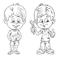 Kids with ball and tools Drawing style black on white