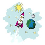 Child&#039;s drawing of a rocket at the outer space near