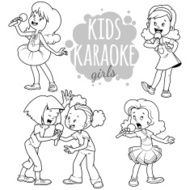 Cartoon children sing with a microphone Outline
