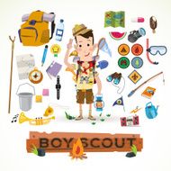 boy scout with camping equipment and object - vector illustration