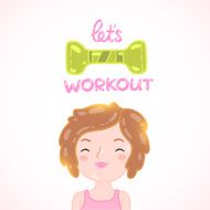 Cute cartoon woman with dumbbell