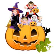 Halloween children wearing costume on huge jack-o-lantern white background