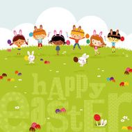 Happy kids easter eggs play bunny cute illustration vector myillo