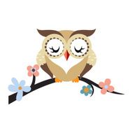 Cartoon owl on a flowering tree branch