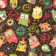 Owl seamless background with flower and fashionable things