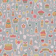 Seamless pattern with Birthday elements on grey background