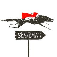 Red Riding Hood on Black Wolf Running to her Grandma