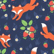 Cute foxes and wild strawberries forest seamless pattern