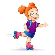 Little girl rides on roller skates Teen enjoy the speed