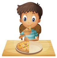 Young boy eating pizza
