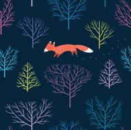 Decorative wood with red fox Seamless pattern