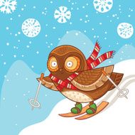 Cute cartoon owl skiing and having fun
