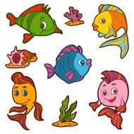 Set of cute fish and natural sites vector stickers