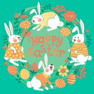 Happy Easter card with cute bunnies and colored eggs N3