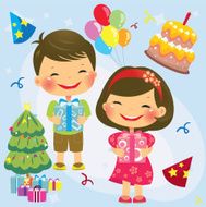 Happy kids with christmas gifts and birthday cake