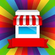 Shop and Red ribbon banner on rainbow background