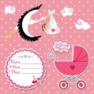 Baby shower card invitation scrapbook with stork and European girl