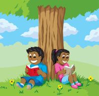 Cute kids reading under a tree