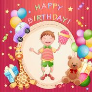 Happy birthday illustration with happy boy holding a gift box