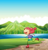 young girl rollerskating near the river