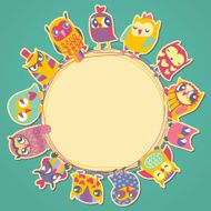 Owls cartoon card Circle frame Place for text