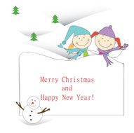 Vector Winter Background with Happy Funny Cute waving Kids N2