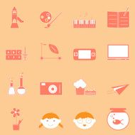 Kid activities orange icons set