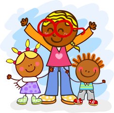 black young mother with kids cartoon illustration