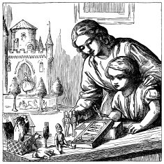 Victorian child and mother playing with toys