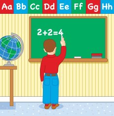 Boy writing on a blackboard