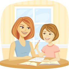 Cartoon of mother helping child with homework