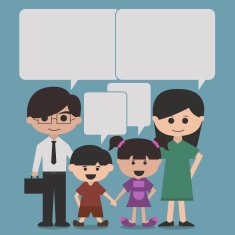 happy family cartoon character with speak bubbles