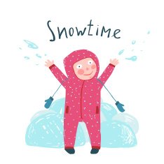 Cute Child Girl in Winter Clothes Playing with Snow Colorful