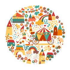 Children's circle background with happy houses and the boy