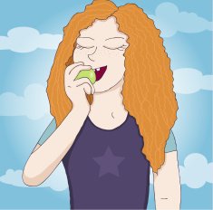 Red girl eating apple cartoon illustration