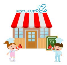 restaurant Restaurant facade and Cute Kids Chef Vector illustration